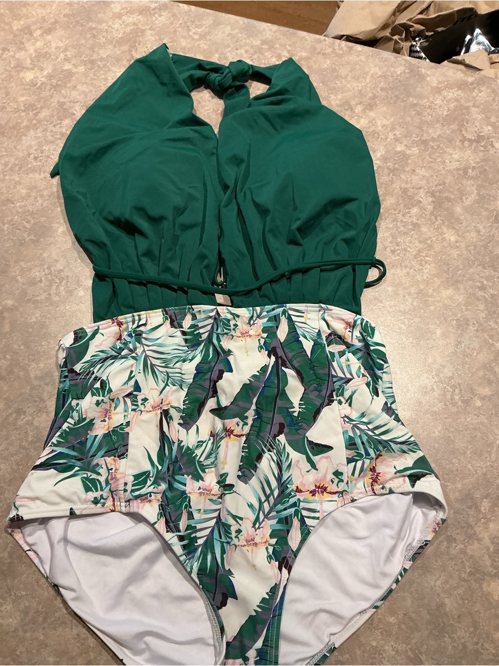 Green Halter One-Piece Swimsuit with Tropical Print